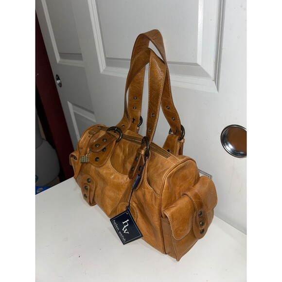 Helen Welsh Vintage Tan Genuine Leather Shoulder Bag Cargo Pockets Charm - Picture 7 of 10
